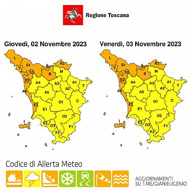 La mappa dell'allerta della Regione Toscana