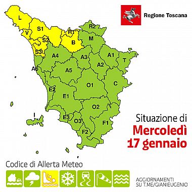 La mappa dell'allerta della Regione Toscana