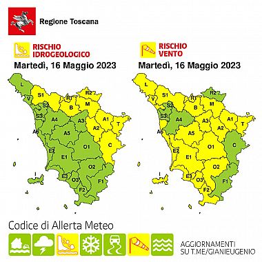 La mappa dell'allerta meteo per il 16 Maggio