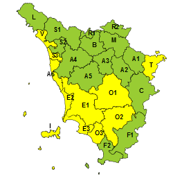 La mappa dell'allerta della Regione Toscana