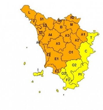 La mappa dell'allerta della Regione Toscana