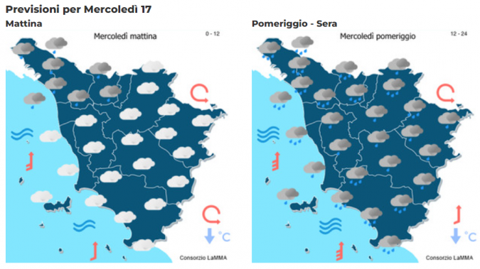 Le previsioni meteo del consorzio Lamma per mercoledì 17 Gennaio mappa