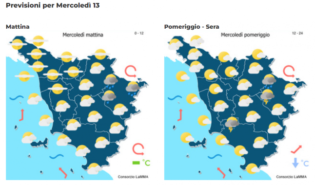 Le mappe meteo del consorzio Lamma per il 13 Settembre 2023